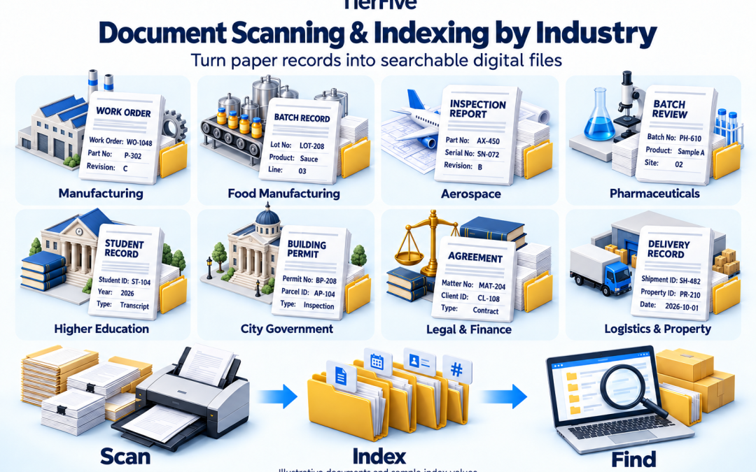 What business’s and document types does TierFive typically scan for its clients?